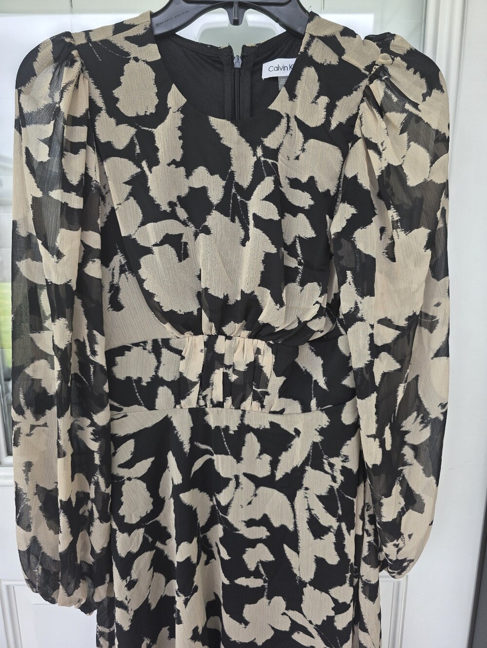 Calvin Klein Black Beige Floral Long Sleeve Dress Size 2 Women Cocktail Office - Picture 4 of 8
